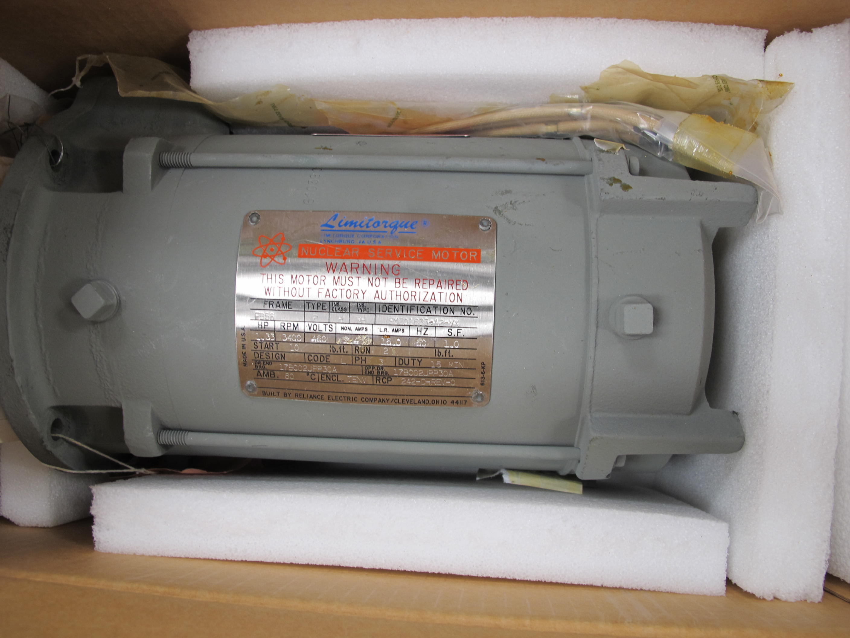 MOTOR, VALVE ACTUATOR TYPE, 1.3 HORSEPOWER, 460VAC 3 PHASE 60HZ ELEC RATING, 10 FT/LB START TORQUE, 3400 RPM, FB56 FRAME, 2 FT/LB RUN TORQUE, CLASS H TYPE RH INSULATION CLASS. SERVICE FACTOR 1.0, 5/8" DIA SHAFT WITH SLOT KEY, NEMA LOCKED ROTOR CODE "M" (W-44) LOADING & HANDLING FEE $15-
